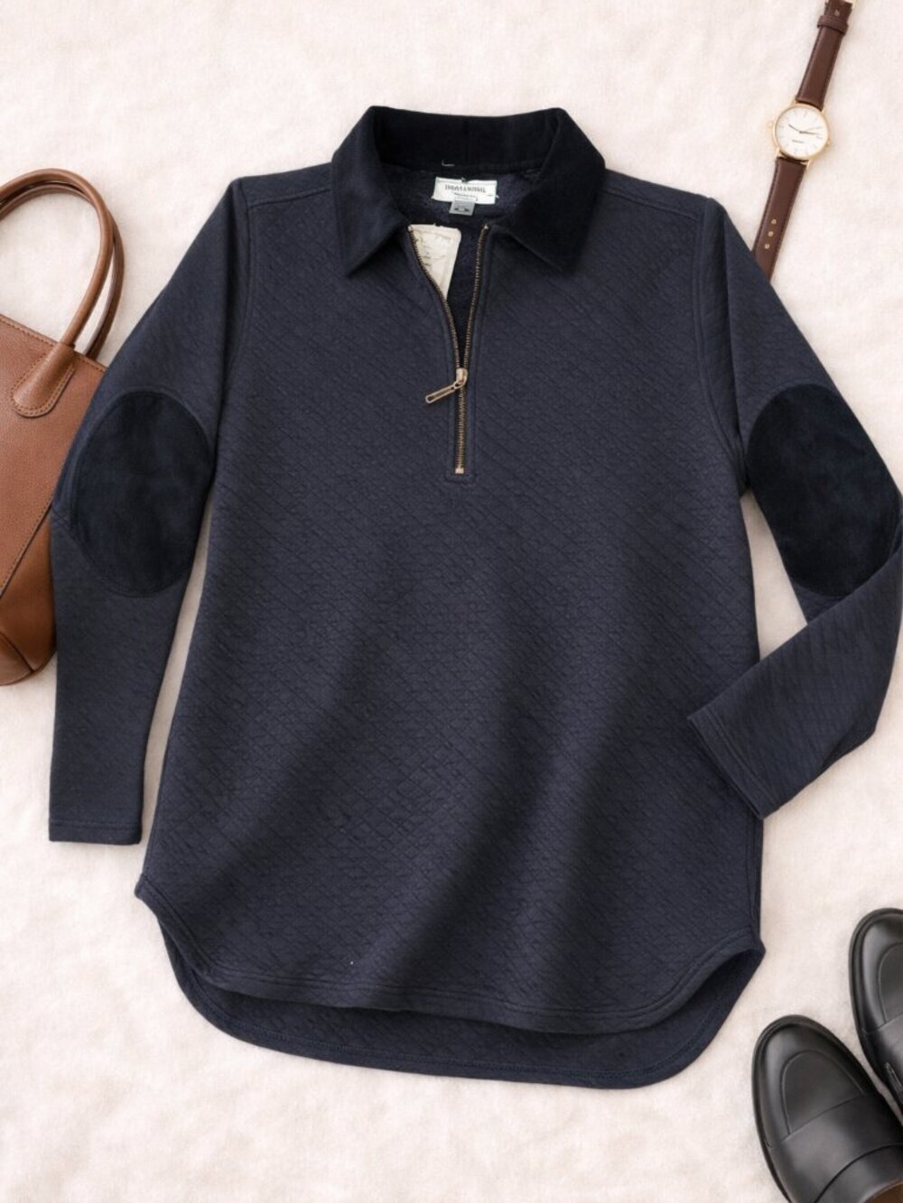 Frazier Lawrence Quilted Pullover S Navy Quarter Zip Elbow Patch Top